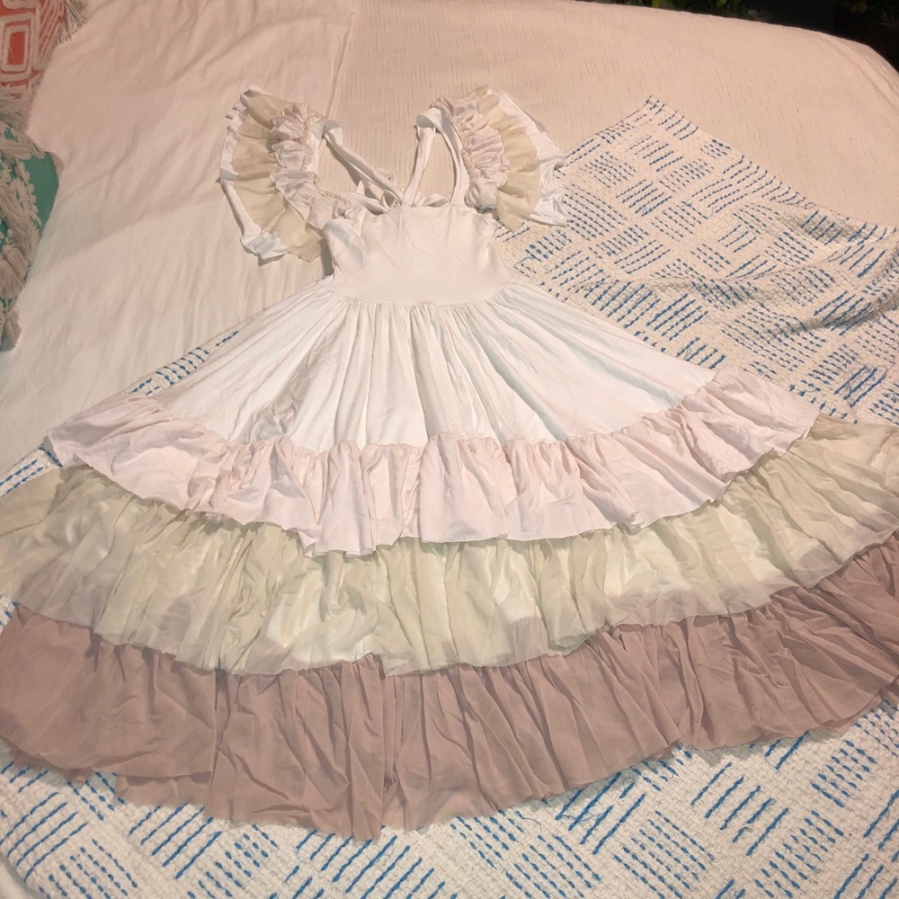 Dollcake Girls Tiered Ruffle Dress in White, Cream & Blush